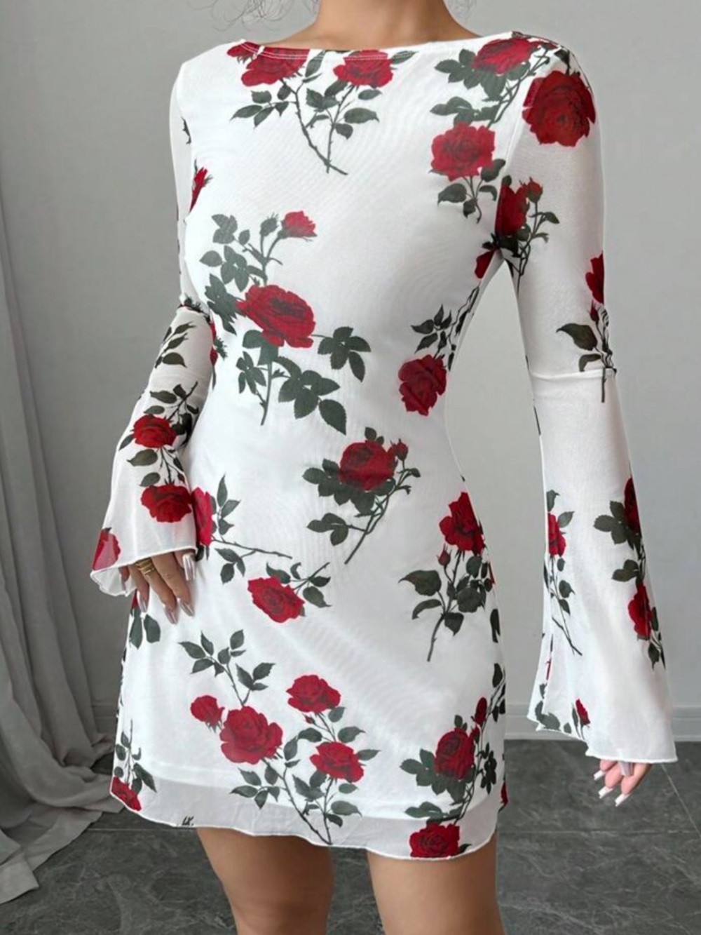 White Long-Sleeve Mini Dress with Red Rose Print